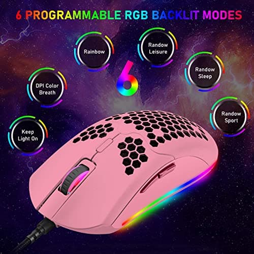 Lightweight Gaming Mouse,26 kinds RGB Backlit Mice,PixArt 3325 12000 DPI Mouse,Ultralight Honeycomb Shell Ultraweave Cable Mouse and Anti-key Can Be Set for PC Gamers and Xbox and PS4 Users(Pink) 6