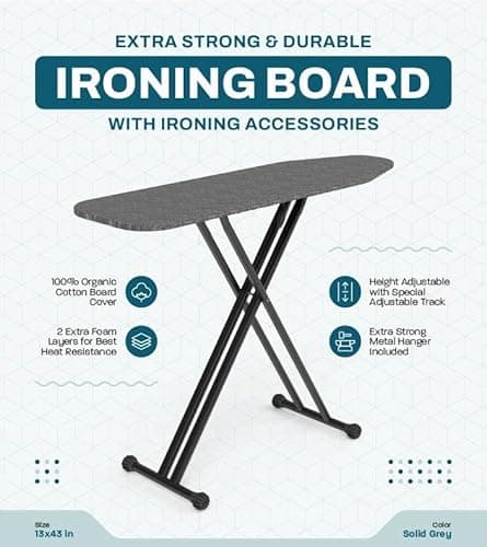 Tidy Zebra Extra Sturdy Compact Ironing Board Full Size - European Made With Extra Thick Legs That Will Not Shake - Non-Slip Table With Metal Hook, Iron Rest & Mesh Included 7