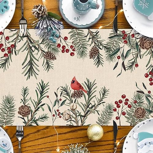 Seliem Winter Pine Needle Branches Table Runner, Pine Cone Cardinal Red Birds Berry Farmhouse Kitchen Dining Table Decor, Christmas Holiday Home Decoration Indoor Outdoor Party Supply 13 x 72 Inches 4