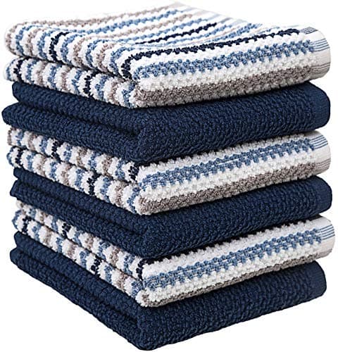 Premium Kitchen Towels (16”x 26”, 6 Pack) | Large Cotton Kitchen Hand Towels | Popcorn Striped Design | Dish Towels | 430 GSM Highly Absorbent Tea Towels Set with Hanging Loop | Blue 5