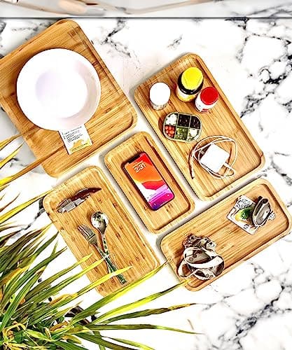 Bam&Boo Bamboo Serving Tray Natural Minimalist Rectangular (9.7” x 5.4" x 0.8") Coffee, Tea, Food, Drinks, Storage, Decor for Home, Kitchen, Bathroom 2