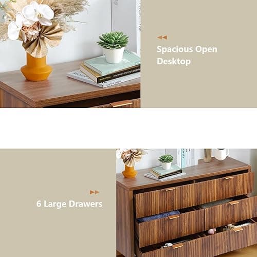 6 Drawer Dresser Cabinet, Long Nightstand with Drawers and Storage Cabinet, Farmhouse Solid Wood Dresser TV Stand, Mid Century Modern Nightstand with 6 Drawer Side Table for Bedroom Closet (Walnut) 9