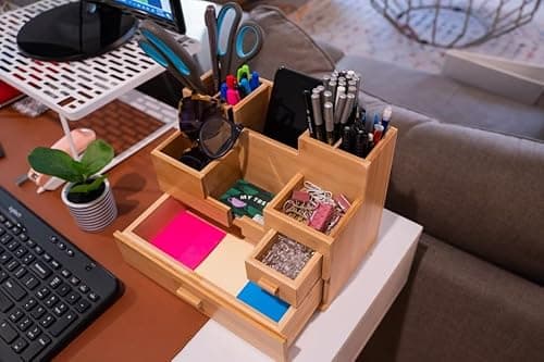 Six Wild Willows Bamboo Desk Organizer with Drawers - Wooden Desktop Storage - Table Top Organizer for Office Supplies, Make-up Organizer 7