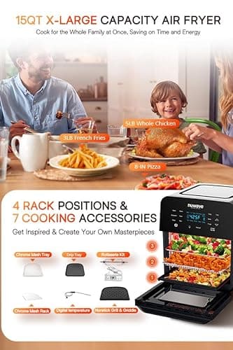 Nuwave Brio 15.5Qt Air Fryer Rotisserie Oven, X-Large Family Size, Powerful 1800W, 4 Rack Positions, 50°-425°F Temp Controls, 100 Presets & 50 Memory, Integrated Smart Thermometer, Linear T Technology 7