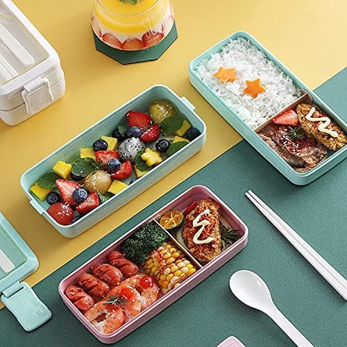 Rarapop 3 Pack Stackable Bento Box Adult Japanese Lunch Box Kit with Spoon & Fork, 3-In-1 Compartment Wheat Straw Meal Prep Containers (Green/Pink/Beige) 7