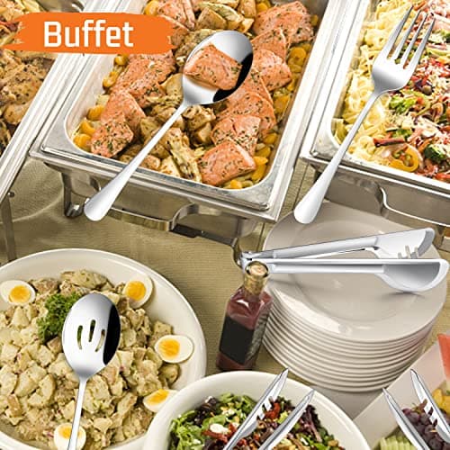 E-far Large Serving Utensils Set of 8, Stainless Steel 9.8 Inch Serving Spoons Slotted Spoon, 9.9 Inch Serving Fork, 9.4 Inch Serving Tong for Buffet Catering Banquet, Mirror Finish & Dishwasher Safe 5