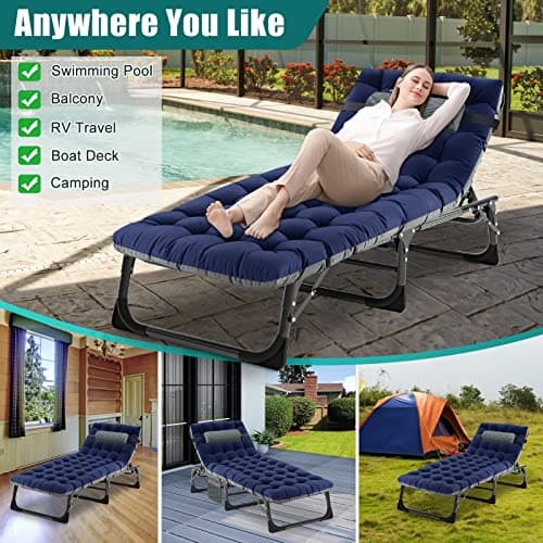 DoCred Heavy Duty Chaise Lounge Chair, Adjustable 5-Position Folding Chaise Lounge Chairs for Outside, Portable Lay Flat Beach Lounge Chair for Outdoor Sunbathing Beach Pool Lawn Camping 7