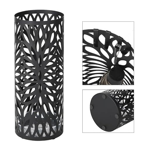 SONGMICS Umbrella Stand, Umbrella Holder for Entryway, Steel Round Umbrella Rack Freestanding, for Canes Walking Sticks, with a Detachable Drip Tray, 2 Long and 2 Short Hooks, Matte Black ULUC20B 6