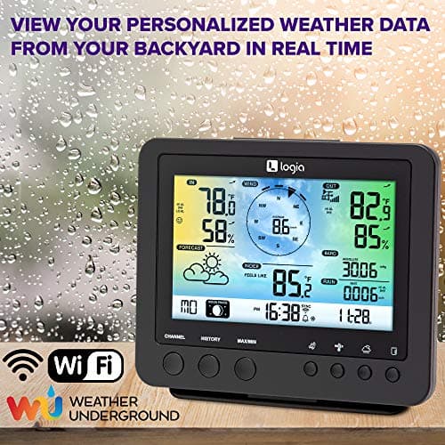 Logia 15-in-1 Wi-Fi Weather Station with 5-in-1 Sensor Array, Humidity, Wind Speed/Direction, Rain & More | Wireless LED Color Console w/Forecast Data, Alarm, Alerts 7