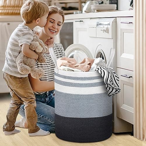 WOWBOX Cotton Rope Laundry Hamper, Large Laundry Basket, Dirty Clothes Storage Basket Laundry Bin for Blanket, Bedroom, Dorm, Towels (Grey, 58L) 6