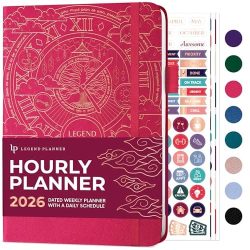 Legend Dated Hourly Weekly Planner 2026 – Daily, Monthly & Yearly Agenda with Time Slots – Hardcover Organizer Journal, 5.8x8.3” (Hot Pink)