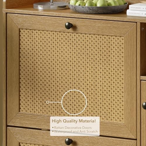 Shoe Cabinet, Natural Rattan Freestanding Shoe Organizer with 3 Flip-out Drawers and 4 Open Shelves Side Cabinet, Slim Wood Shoe Rack with Metal Legs for Entryway, Hallway, Living Room (Natural Color) 5