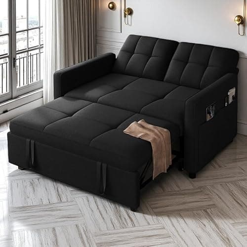 DWVO 55" Convertible Sofa Bed, 3-in-1 Sleeper Sofa with Pull-Out Bed, Linen Futon Couch with Adjustable Backrest and Side Pocket, Modern Loveseat for Living Room Apartment, Balck
