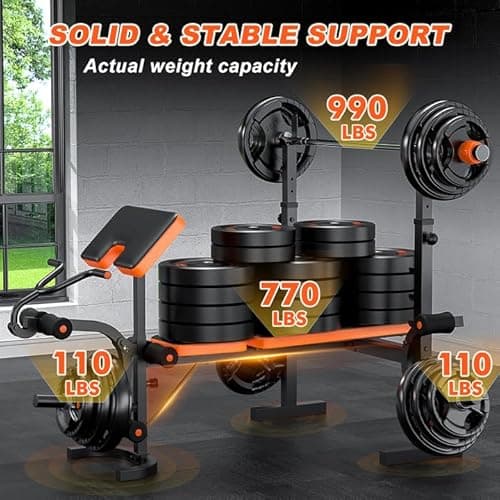 Fostoy Adjustable Weight Bench with Leg Extension, Preacher Curl & Butterfly Arm, 990lbs Heavy Duty Bench Press for Full Body Home Gym Workout (Orange 6 in 1) 5