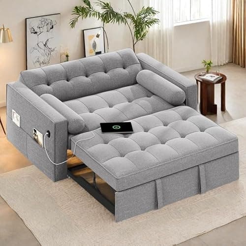 YITAHOME 3-in-1 Convertible Sleeper Sofa Bed, Folding Futon Couch with Pullout Bed, 5-Level Backrest, USB Ports, Storage Pockets, and Pillows, Modern Lounge Furniture for Living Room (Light Gray)
