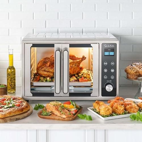 Sur La Table SLT-1832 French Door Air Fryer Toaster Oven Smart AI Cooking 8 Functions Air Fry Bake Toast Broil Dehydrate Pizza Warm Preheat 24H Timer 400°F Temp 13" Pizza 9-Slice Capacity 6