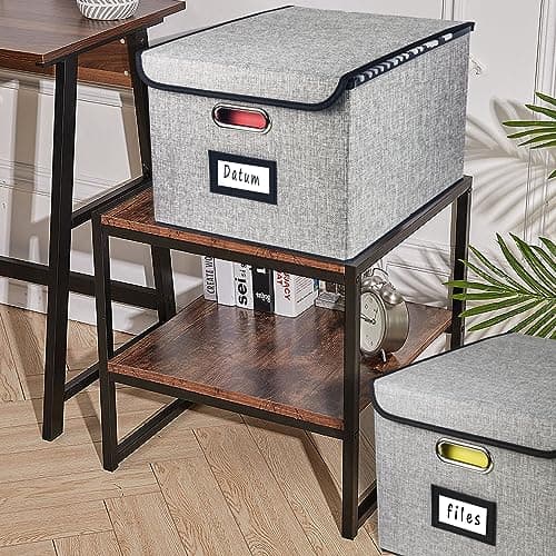 Desihum Collapsible File Organizer Box, filing Storage boxes for hanging files with lid, Linen Portable file folder box with handle, Decorative Document Storage Bins for Office/Home/School (Grey) 7