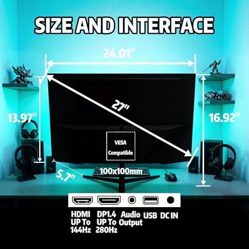 ZZA 27" Curved Gaming Monitor, 280Hz FHD 1080P, 1800R VA Panel, 120% sRGB, AMD FreeSync, 1ms GTG, Esports Ready Display, Flicker-Free, HDMI & DP, VESA Mount - Black 7