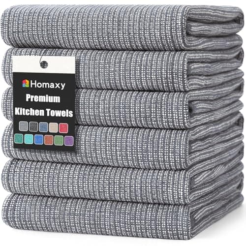 Homaxy Premium Kitchen Towels(18”x 28”, 6 Pack), Large Cotton Kitchen Hand Towels, Flat and Terry Dish Towels, 380 GSM Highly Absorbent Tea Towel Set with Hanging Loop, Grey