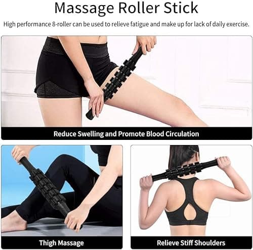 Aucuu 6 in 1 Foam Roller Set Includes Hollow Core Massage Roller, Yoga Stick, Massage Ball, Fitness Stretching Strap, Carrying Bag, Towel, Massage Roller (Black) 6