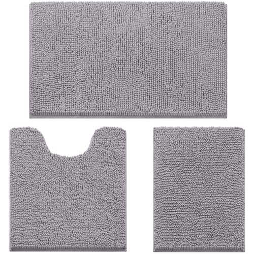 HOMEIDEAS 3 Pieces Bathroom Rugs, Soft Thick Absorbent Chenille Bath Mats, Washable Non-Slip Floor Rugs for Shower & Bath, Grey