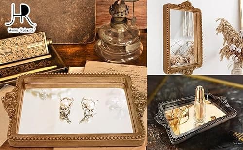 Hanna Roberts Vintage Gold Tray with Mirror Glass Base | Card Holder for Guests During Occasions and Events or Decorative Home and Vanity Organizer (Gold) 5