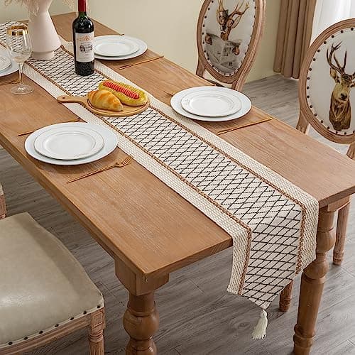 Mayler Yee Table Runner, Boho Style with Tassels, Cotton & Linen, Farmhouse Home Decor for Living Room Dresser Scarfs (12x72Inch, Black & Beige) 5