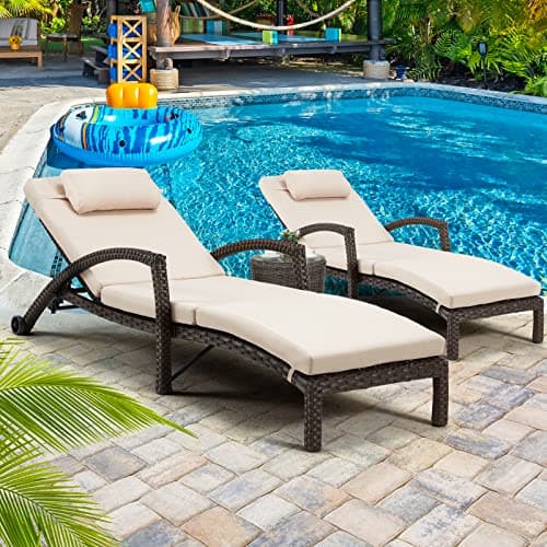 HOMREST Chaise Lounge Chairs Set of 2 for Outside, Adjustable 5 Position Outdoor PE Rattan Wicker Patio Pool Lounge Chair with Arm, Cushion, Pillow and Wheels for Poolside Backyard Deck Porch,Khaki