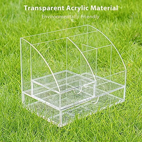 ARCOBIS Acrylic Desk Organizer with 2 Drawers, Clear Office Desktop Accessories Stationery Pen Organizer for Desk, Features 5 Compartments + 2 Sliding Drawer 5