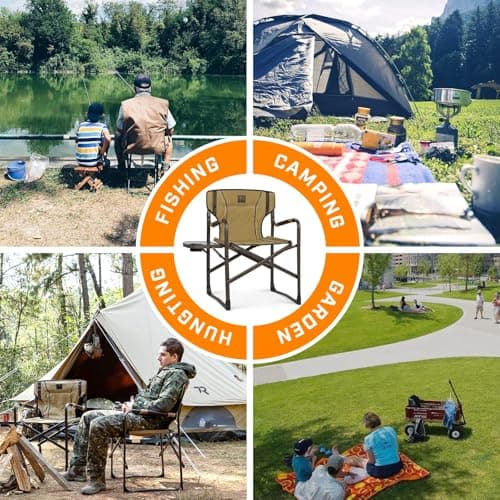 TR Oversized Folding Directors Chairs with Side Table, Portable Heavy Duty Camping Chair for Adults Support 350-lb for Outdoor Picnic Lawn Hunting (Brown) 7