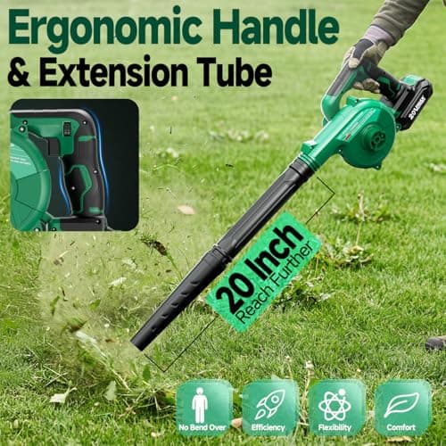 K I M O. Cordless Leaf Blower Vacuum Combo 4 in 1, 3 Nozzles &3 Modes for Inflation & Deflation, Extended Tube & Variable Speed, 20000RPM 150MPH, 2x2000mAh Battery Powered Leaf Blowers for Lawn Care 8