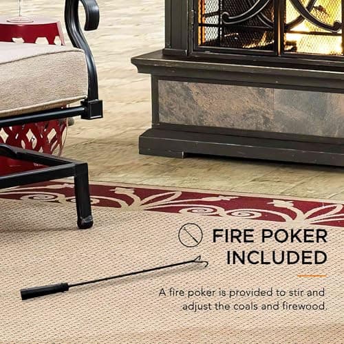 Sunjoy Outdoor Fireplace, Stone Look Tile Patio Wood Burning Steel Fireplace with Chimney, Spark Screen, Fire Poker, Rain Cover, and Removable Grate, Copper with Gray Tile 8