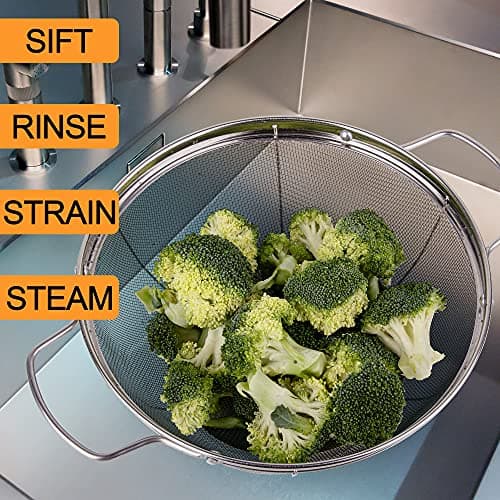 3 Pack 18/8 Stainless Steel Colander Sieves(5-Quart, 4-Quart and 3-Quart), Mesh Strainer Net Baskets with Handles & Resting Base for Strain, Drain, Rinse or Steam 6
