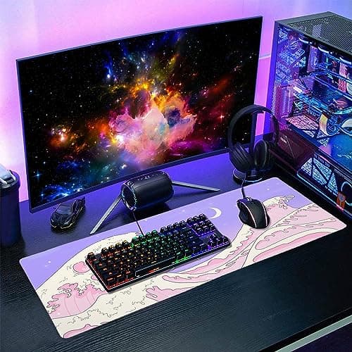 Pink Purple Japanese Anime Gaming Mouse Pad XL Cute Kawaii Aesthetic Sea Wave Extended Large Desk Mat Non-Slip Rubber Base Stitched Edge Long Keyboard Mousepad for PC Computer Laptop,31.5×11.8 in 7
