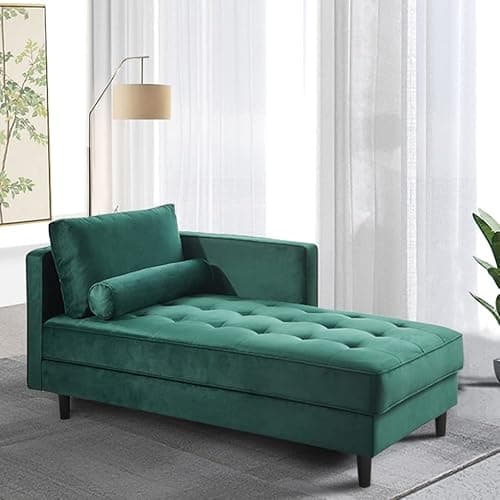 BAMOOLI 64'' Velvet Chaise Lounge Indoor, Modern Longue Chair Upholstered Chaise Longue with Support Pillow, Button Tufted Seat Cushion, Sleeper Sofa Recliner for Bedroom, Living Room, Office, Green