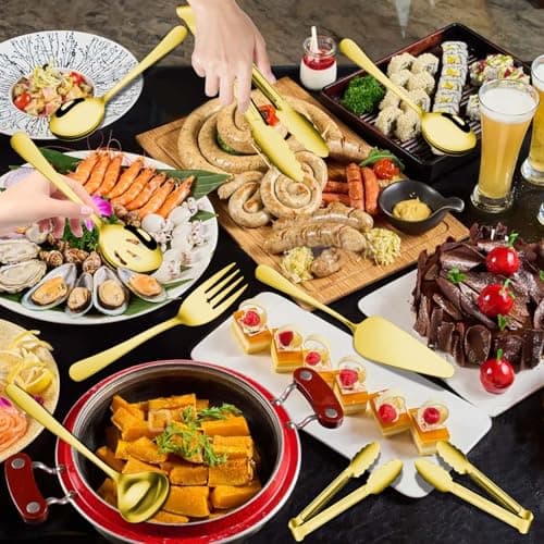 Gisly Gold 12 Pieces Serving Utensils Include Large Serving Spoons,Slotted Serving Spoons,Serving Forks,Serving Tongs,Appetizers Tongs,Soup Ladle and Pie Cake Server for Buffet Catering 5