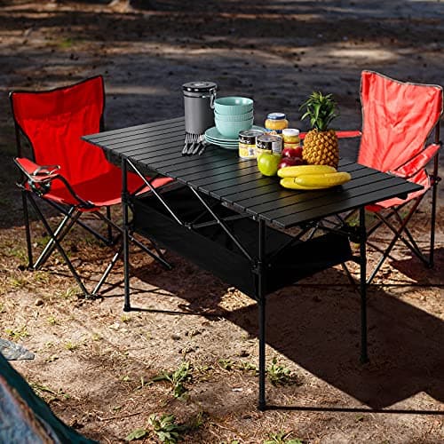 LIANTRAL Camping Table, Portable Aluminum Roll-up Picnic Backpacking Table with Mesh Storage Bag, 46.5” x 26.8” x 21.7”, Black 6