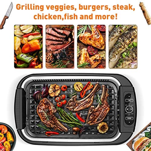 Indoor Grill, Techwood 1500W Smokeless Electric Grill with Tempered Glass Lid, Compact & Portable Non-Stick BBQ Grill with 6-Level Control, Dishwasher Safe, Black 7
