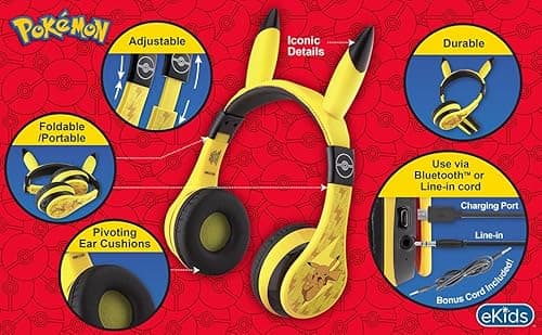 eKids Pokemon Kids Bluetooth Headphones, Wireless Headphones with Microphone Includes Aux Cord, Volume Reduced Kids Foldable Headphones for School, Home, or Travel,Yellow 2