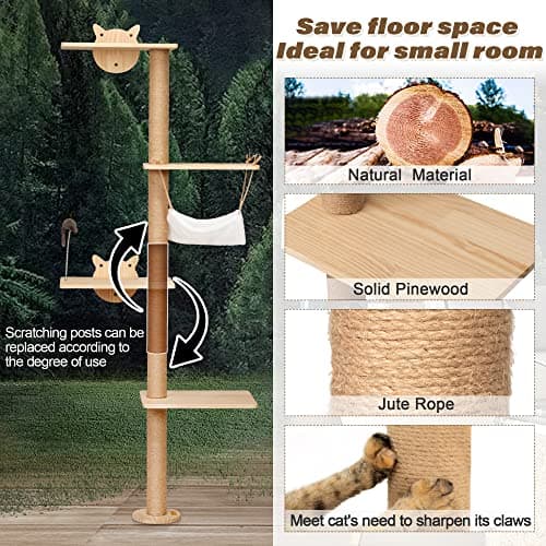 Cozivvovv Wall Mounted Scratching Post, 4-Tier Cat Climbing Tower, Cat Activity Tree with Hammock, Sisal Scratcher Mat and Cat Mouse Toy for Indoor Use, Medium and Large Cats, Natural Wood 5
