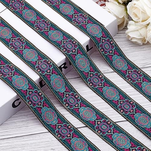 PH PandaHall 7 Yard Vintage Jacquard Ribbon 1 1/4 Inch Emobridered Woven Ribbon Floral Fabric Trim Fringe Boho Persian Tape for Eid Mubarak Ramadan Sewing Clothing Bag Embellishment Decorations 7