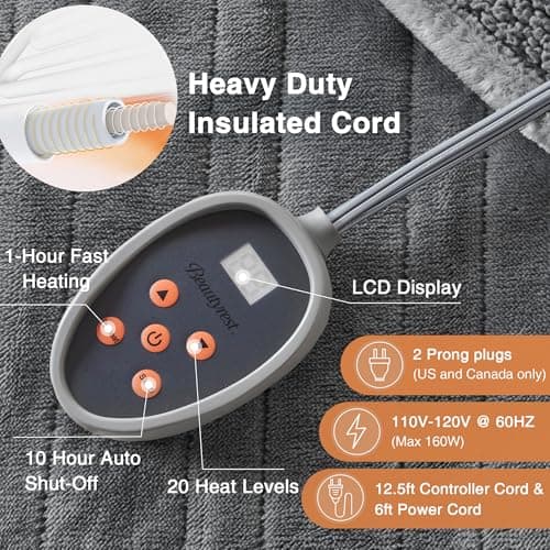 Beautyrest Heated Blanket, Electric Blanket, Soft, Warm, Reversible Plush - Sherpa Heating Blanket with 20 Heat Settings, 1-10 hrs Timer Auto Shut Off, Machine Washable, Full (84 inx80 in), Grey 5