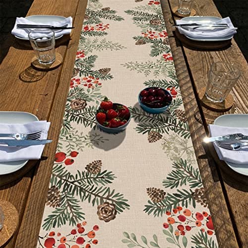 Seliem Winter Pine Cone Needle Branch Berry Table Runner, Watercolor Botanical Tabletop Scarf Home Kitchen Plant Decor, Christmas Farmhouse Holiday Rustic Burlap Dining Decoration Party Supply 13 X 72