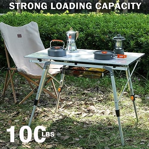JOUYEK Folding Outdoor Camping Table with Adjustable Legs, Lightweight Aluminum Roll Up Camp Table with Carrying Bag, Mesh Storage Organizer, for Cooking, Picnic, Beach, Backyards, BBQ, Party 6