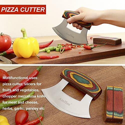 Amhoo Pizza Cutter Chef Mezzaluna Ulu Knife Handle Color Wood Grip Sharp Rocker Slicer Stainless Steel Blade Salad Onion Vegetable Chopper with Holder Base Christmas Gifts 6