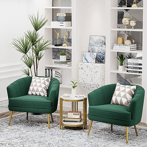 Andeworld Velvet Accent Chair, Upholstered Modern Single Sofa Side Chair,Comfy Barrel Club Living Room Armchair with Golden Metal Legs for Bedroom Living Reading Room Office, Green 9