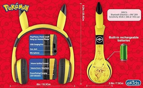 eKids Pokemon Kids Bluetooth Headphones, Wireless Headphones with Microphone Includes Aux Cord, Volume Reduced Kids Foldable Headphones for School, Home, or Travel,Yellow 7