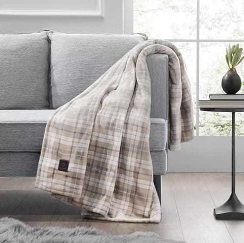 Brookstone Heated Throw Blanket - Heat Blankets Electric - Faux Fur Heated Throw Blanket- 4 Heat Settings, 4-Hour Auto Shut Off, 100% Polyester, 50"x60" - Oatmeal Plaid