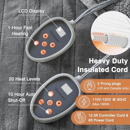 Beautyrest Heated Blanket, Electric Blanket, Soft, Warm, Reversible Plush - Sherpa Heating Blanket with 20 Heat Settings, 1-10 hrs Timer Auto Shut Off, Machine Washable, Queen (90 inx84 in), Grey 5