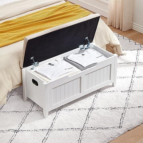 GAOMON Storage Chest, Upholstered Storage Trunk with 2 Safety Hinges, Storage Bench, Flip-Top Toy Chest, Shoe Bench 15.7 x 39.4 x 18.1 Inches Storage Chest for Entryway, Bedroom, Living Room, White 7